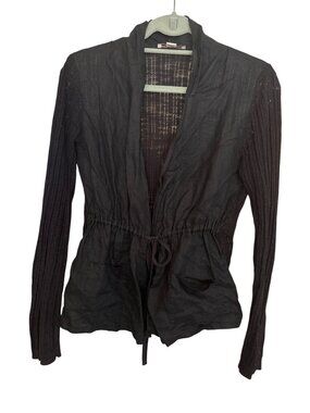 Coldwater Creek Womens Black Linen Front Ribbed Cotton Back Drawstring Jacket M